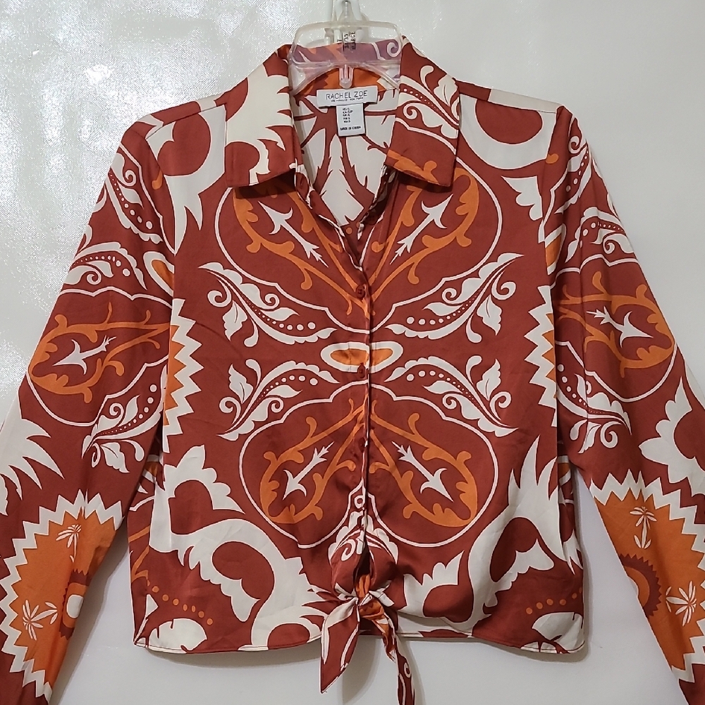 Rachel Zoe Women's Red‎ and Orange Patterned Waist Tie Blouse - Size Small